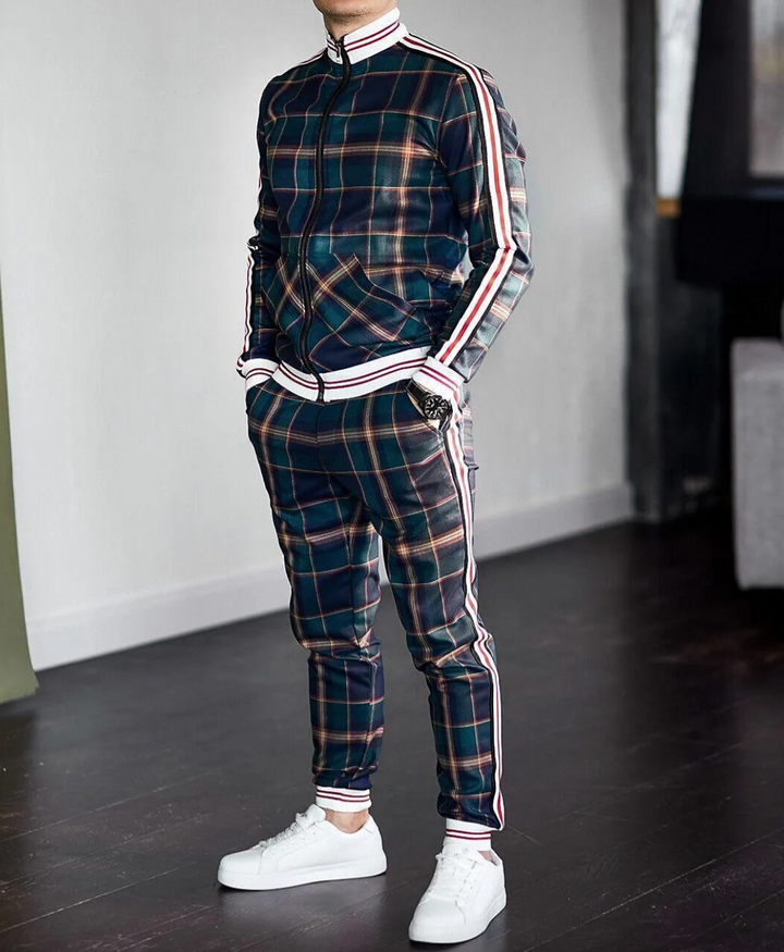 Men's stylish check pattern training suit. Modern fit tracksuit for comfort and sporty casual wear.