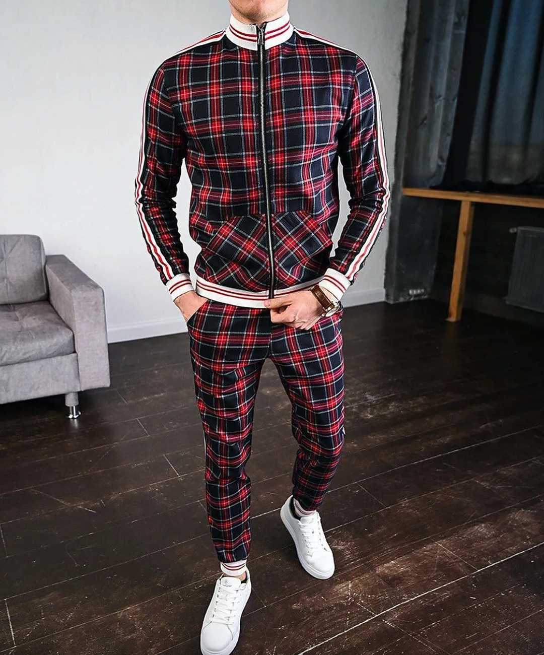 Slim fit men's training suit featuring a stylish check pattern. Comfortable and modern sporty outfit for men.