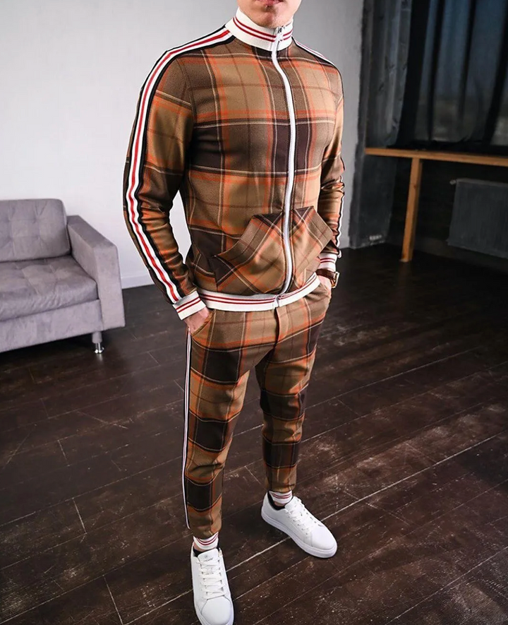 Sporty men's check pattern tracksuit. Stylish & comfortable modern fit training set for casual and active wear.