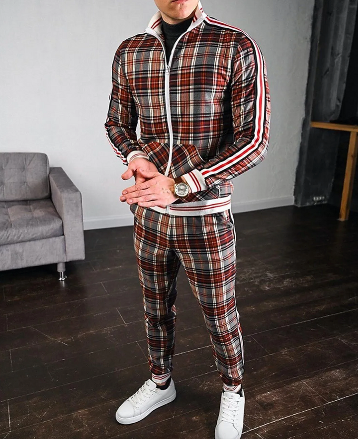 Modern men's check pattern training suit. Comfortable and stylish slim fit loungewear set for all seasons.