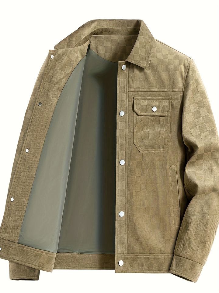 Urban men's checkered transitional jacket. Modern fit with utility pockets & snap cuffs. Stylish & functional.