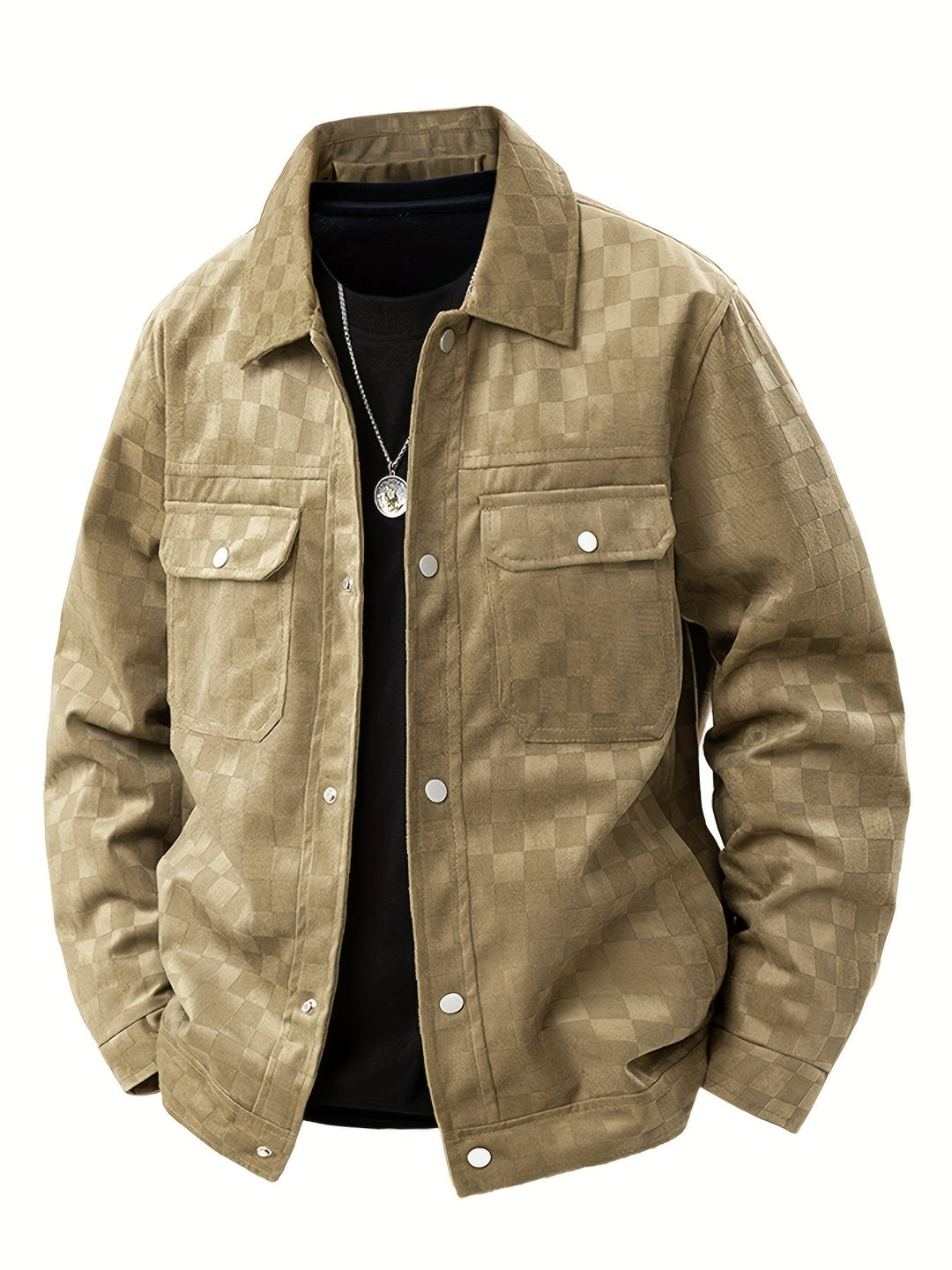 Men's stylish checkered jacket featuring utility pockets & snap cuffs. Modern fit, ideal transitional outerwear.