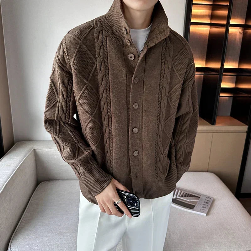 Men's stylish chunky cable knit cardigan, perfect for casual layering. Button-front design for all-season wear.