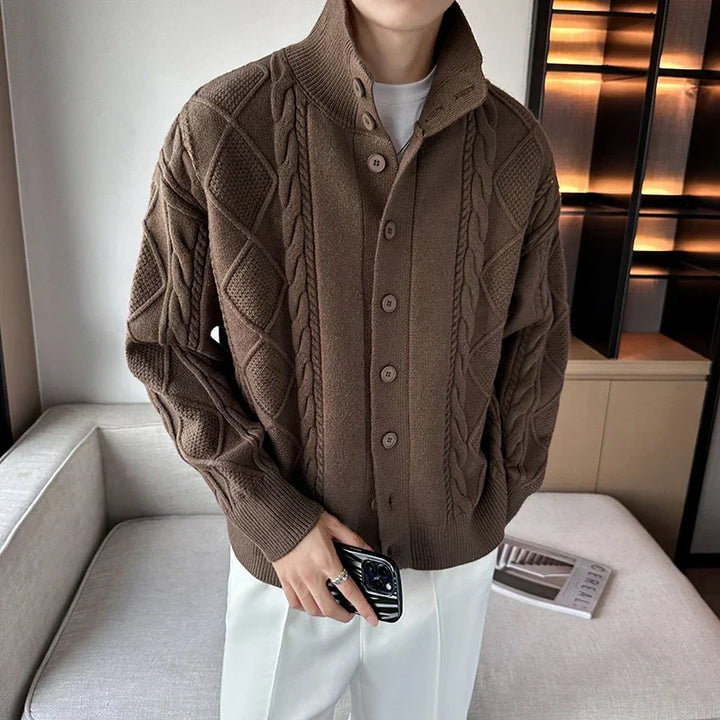 Men's stylish chunky cable knit cardigan, perfect for casual layering. Button-front design for all-season wear.