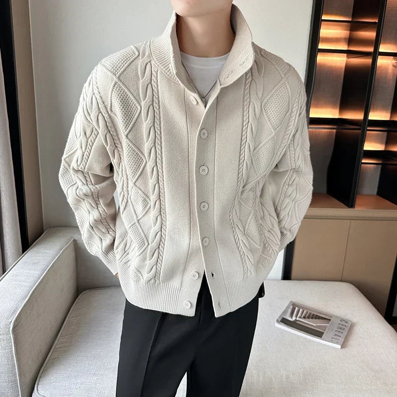 Chunky men's cable knit cardigan with button-front closure, offering stylish and warm casual layering.