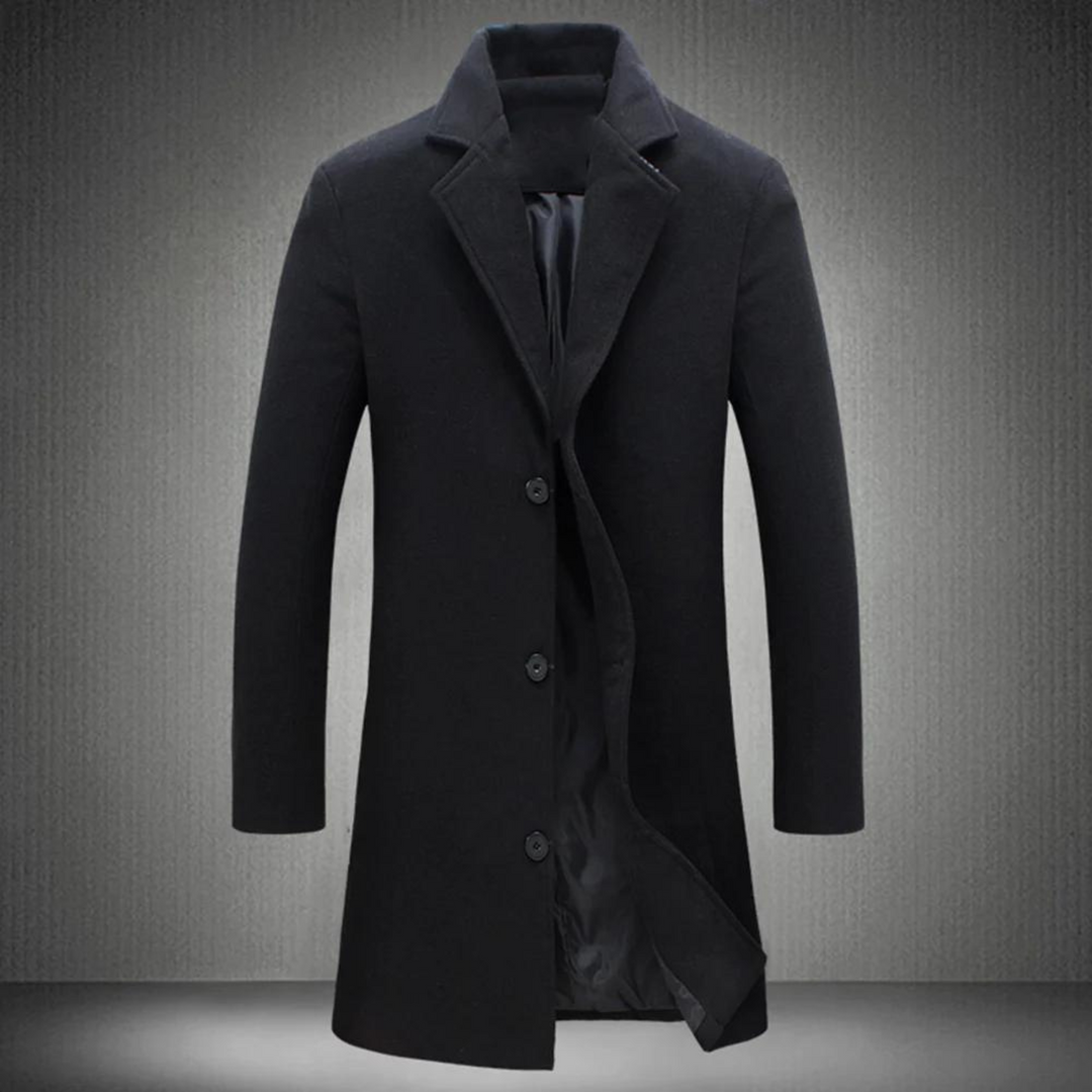 Men's stylish classic long wool coat. Tailored fit for a modern, versatile look. Ideal for formal or casual wear.