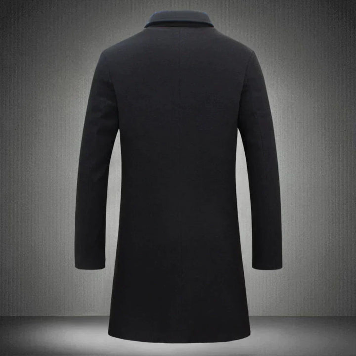Elegant men's long wool winter coat. Durable and warm, perfect for autumn and cold weather. Classic design.