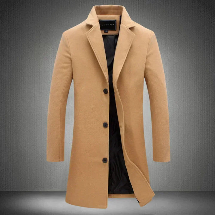 Front view of men's classic long wool coat in a tailored fit. Stylish outerwear for men's fashion. Maxwell design.