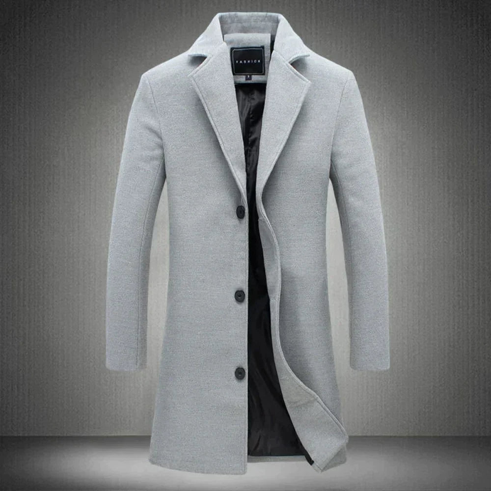 Versatile men's long wool coat, a stylish classic for any occasion. Modern tailored fit for autumn/winter fashion.