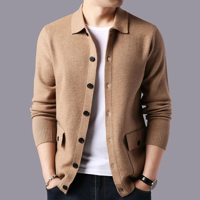 Men's stylish collared cardigan sweater in tailored fit, perfect for smart casual layering.