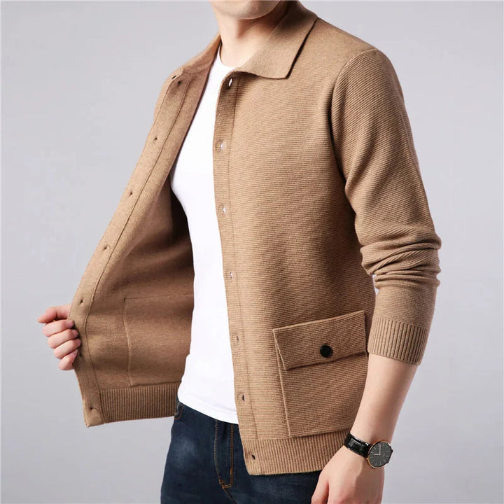 Soft knit men's collared cardigan sweater, versatile for all-season layering & modern fashion.