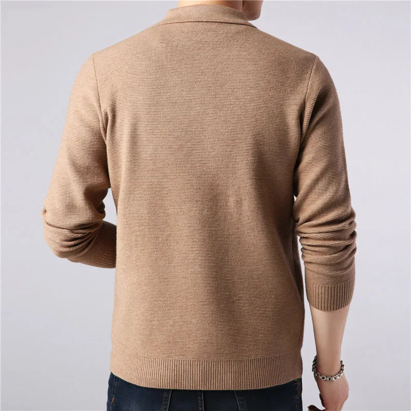 Button-down men's collared cardigan, ideal for versatile smart casual layering and easy care.