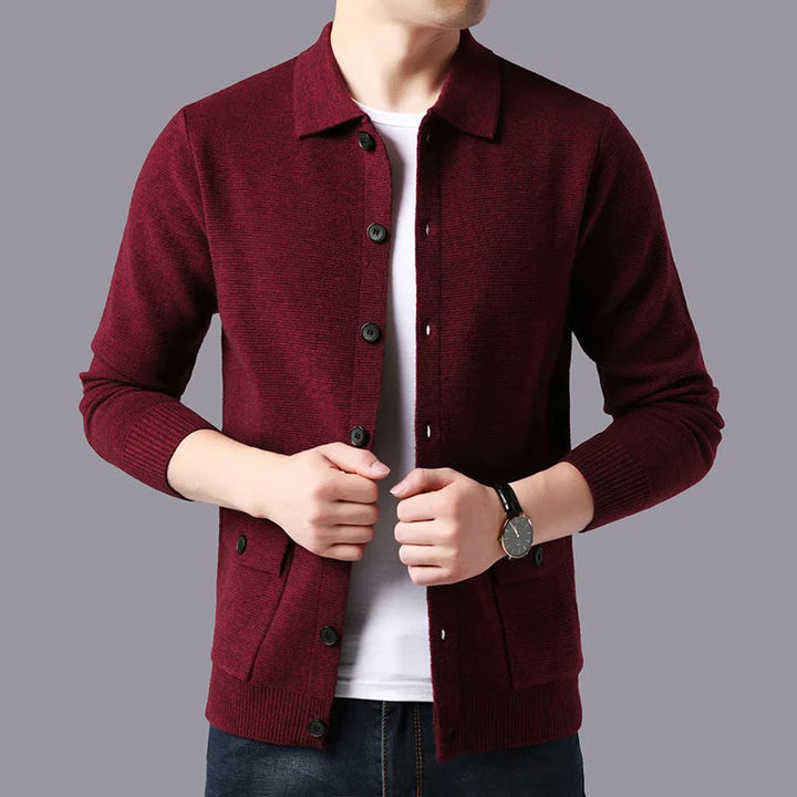 Tailored men's collared cardigan sweater, a stylish and easy-care layering top for all seasons.