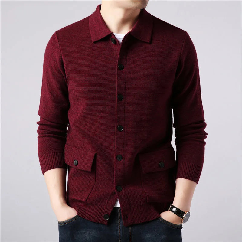 Fashionable men's collared cardigan, a versatile layering piece for smart casual and daily wear.