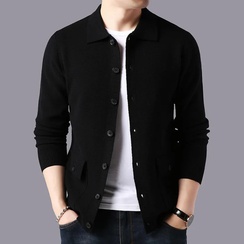 Wrinkle-resistant men's collared cardigan sweater, perfect for smart casual layering & travel.