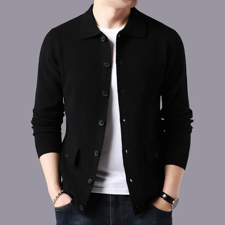 Wrinkle-resistant men's collared cardigan sweater, perfect for smart casual layering & travel.