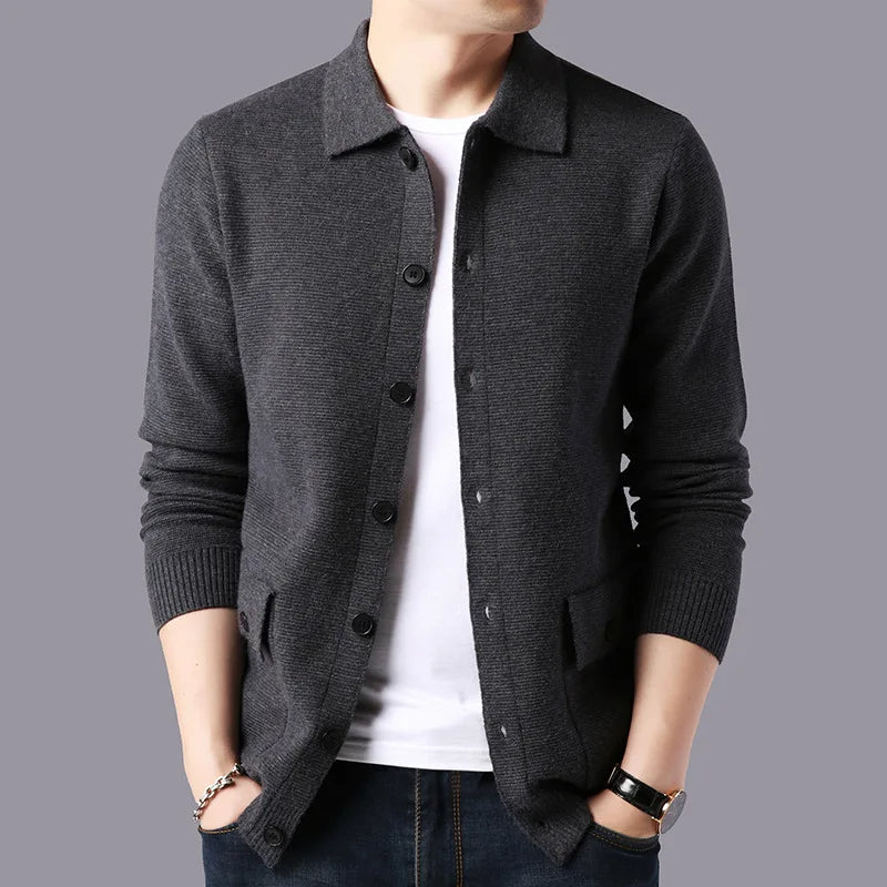 Modern men's collared cardigan sweater with tailored fit, ideal for versatile layering looks.