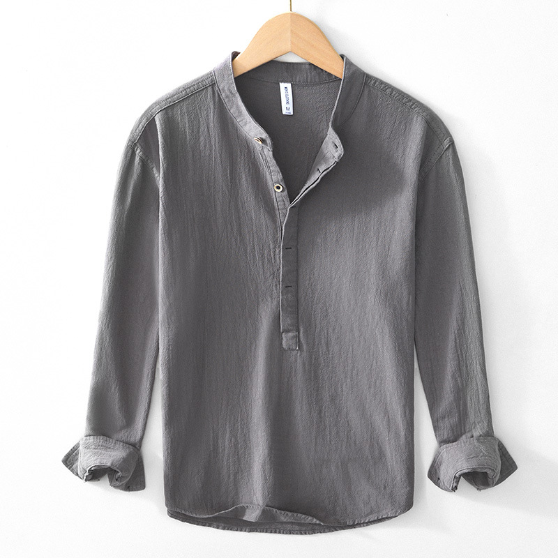 Men's stylish collarless long sleeve casual shirt, breathable for summer & spring.