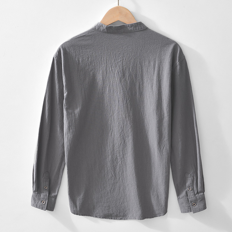 Breathable men's long sleeve popover shirt, collarless, perfect for spring & warm weather.