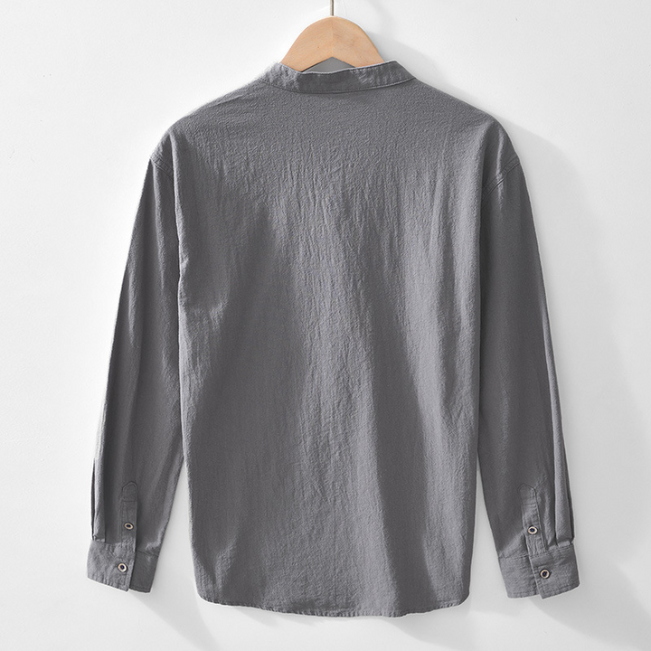 Breathable men's long sleeve popover shirt, collarless, perfect for spring & warm weather.