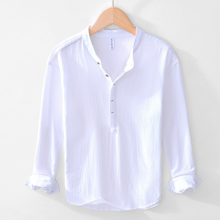 Versatile men's collarless casual long sleeve shirt, great for summer & spring styling.