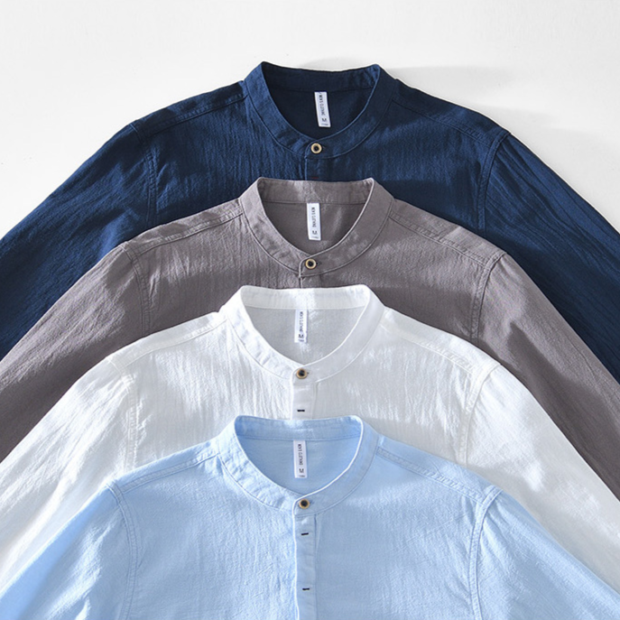 Comfortable men's collarless long sleeve casual shirt, perfect for versatile spring/summer.
