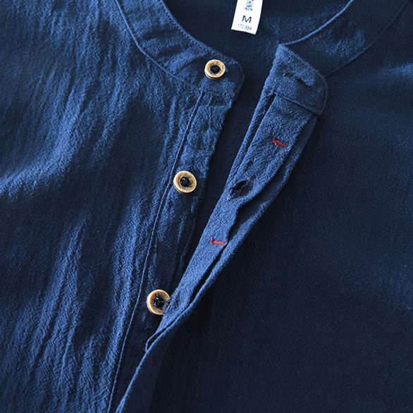 Men's casual long sleeve popover shirt, collarless & breathable for warm spring/summer.