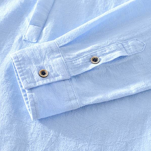 Men's stylish collarless long sleeve casual shirt for versatile spring and summer wear.