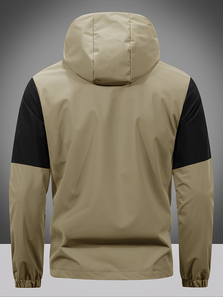 Men's versatile color block hooded jacket. Lightweight zip-front outerwear, ideal for casual spring/autumn style.