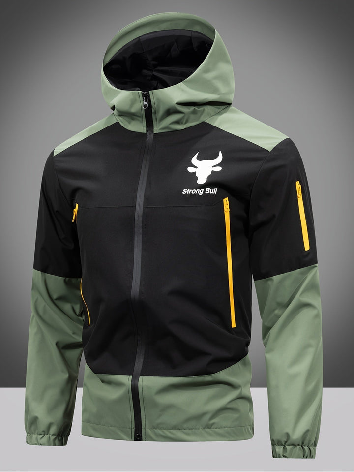 Lightweight men's color block hooded windbreaker jacket for all-weather style, with a comfortable zip.