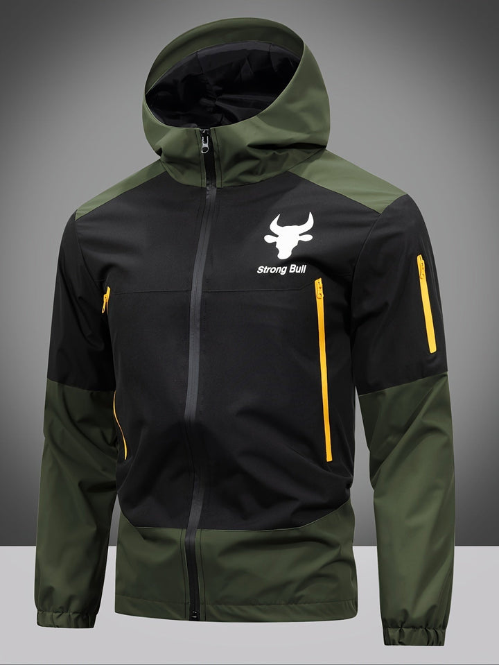 Casual men's color block hooded jacket, ideal for spring & autumn. Stylish zip-front outerwear.
