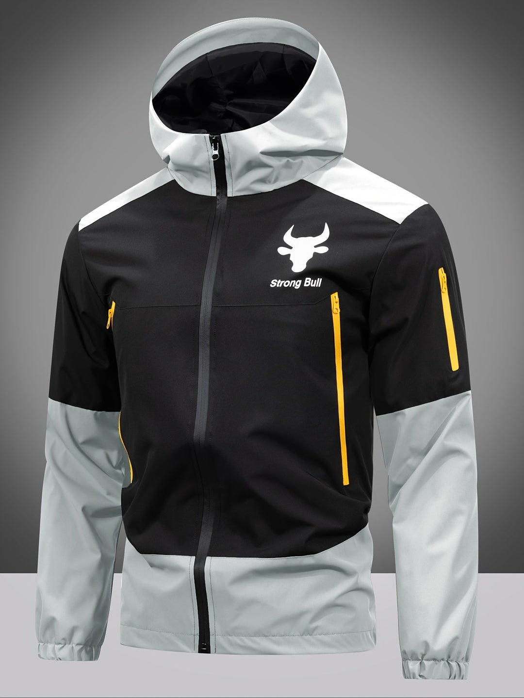Versatile men's hooded jacket featuring a modern color block design & full zip, great for daily wear.