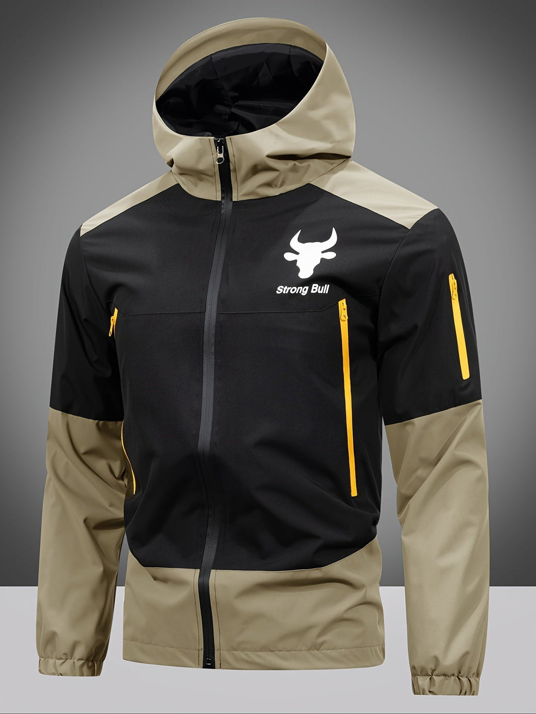 Lightweight men's hooded zip jacket with a stylish color block, excellent as casual spring outerwear.