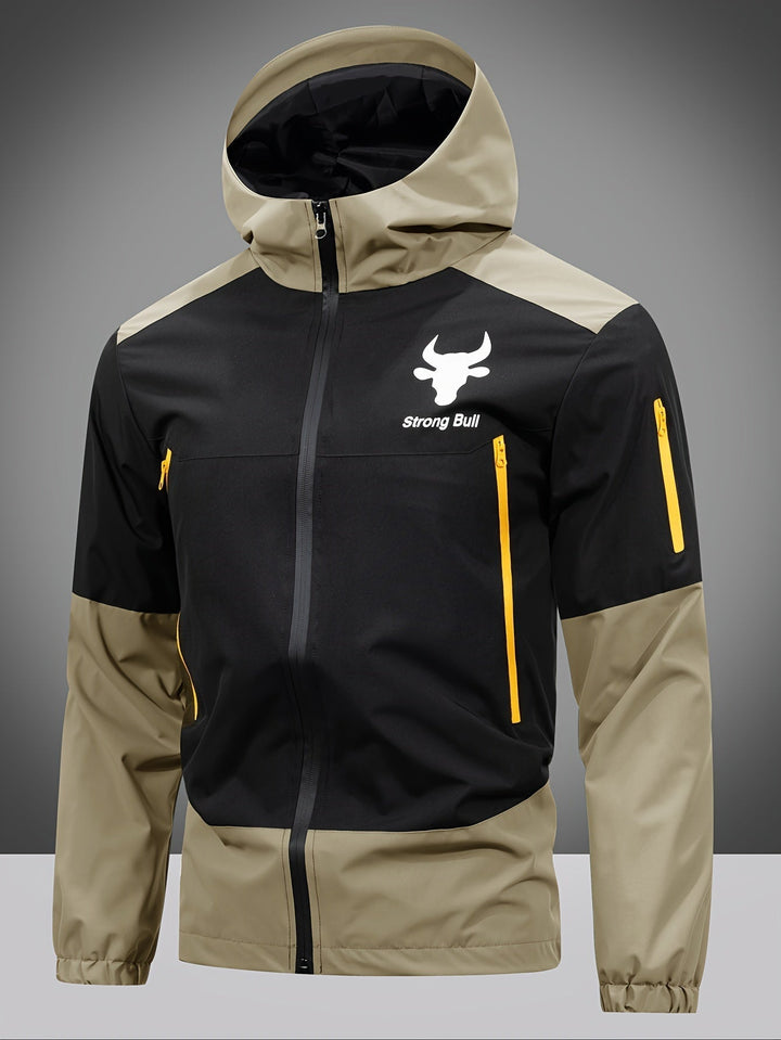 Lightweight men's hooded zip jacket with a stylish color block, excellent as casual spring outerwear.