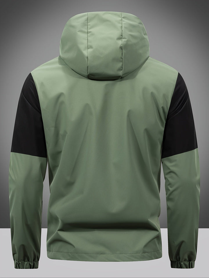 Men's stylish color block hooded jacket. This versatile, lightweight zip-up windbreaker is perfect for casual wear.