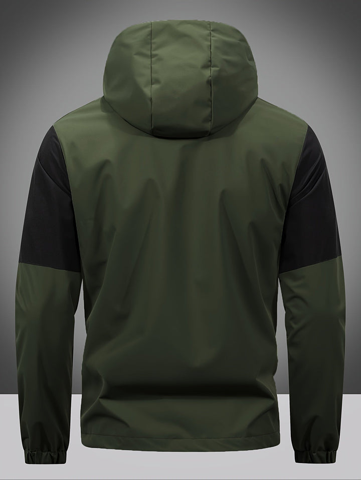 Men's color block hooded zip jacket. Lightweight, versatile outerwear, perfect for spring & autumn casual style.