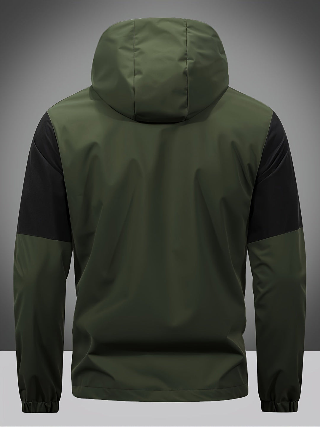 Stylish men's color block hooded jacket with a zip closure, perfect for crisp spring or autumn days.