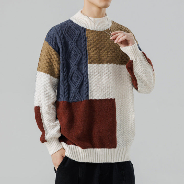 Cozy men's knit pullover sweater. Stylish color block pattern for casual fall and winter wear. Long sleeve design.