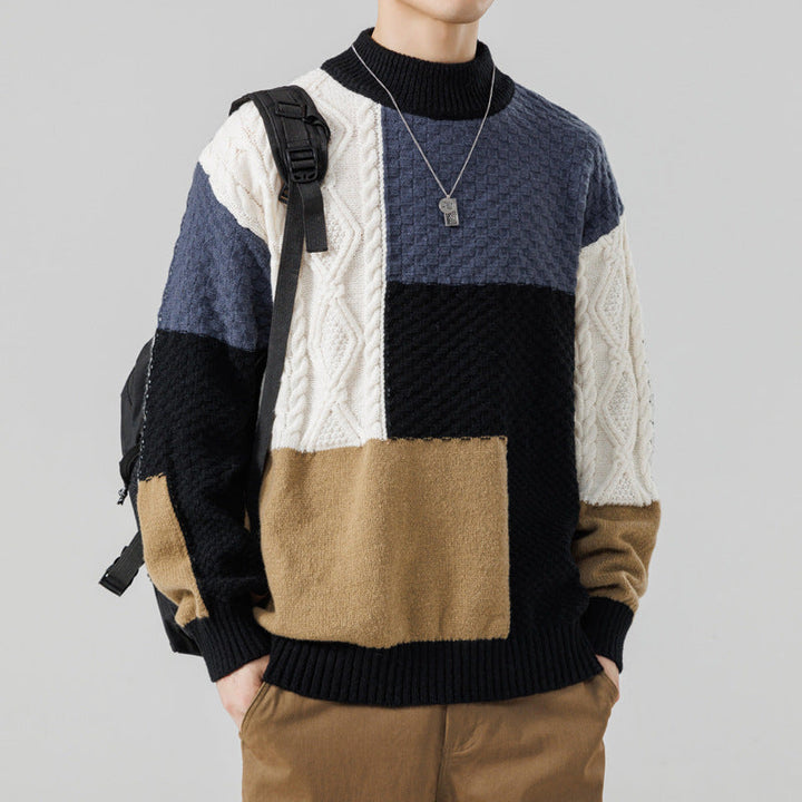 Men's patterned color block sweater. Warm knit pullover with stylish design, ideal for cool weather fashion.