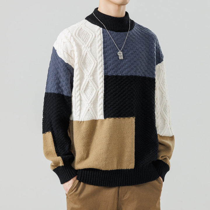 Stylish men's color block knit sweater. Cozy long sleeve pullover, perfect for comfortable fall and winter outfits.