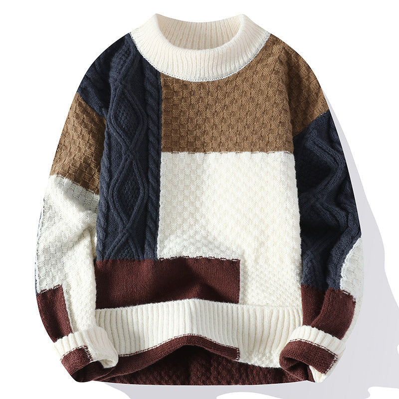 Men's stylish patterned knit sweater. Color block pullover for casual winter and fall fashion. Long sleeve comfort.