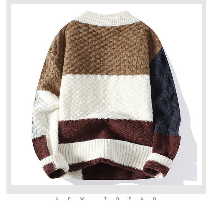Casual men's color block knit sweater. Stylish patterned pullover with long sleeves, cozy for fall and winter.