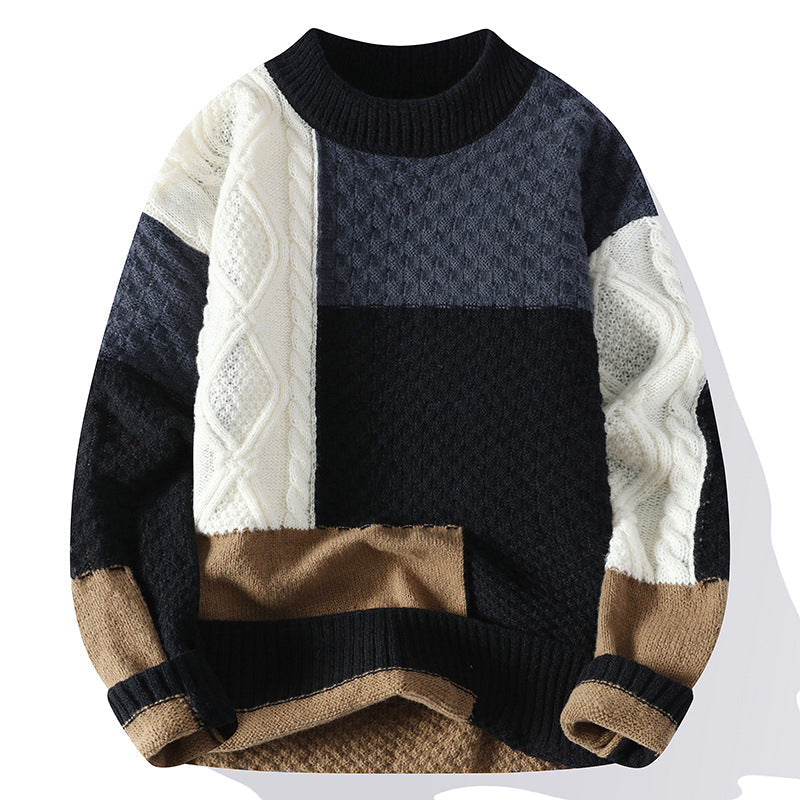 Warm men's patterned knit sweater. Stylish color block pullover, great for casual, cozy fall and winter outfits.