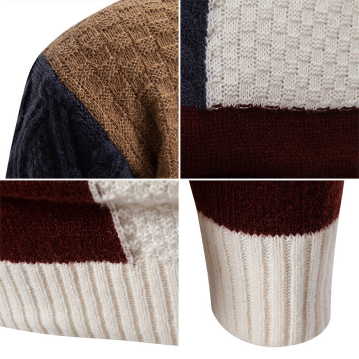 Men's stylish color block knit sweater. Cozy patterned pullover for everyday fall and winter casual wear. Long sleeve.