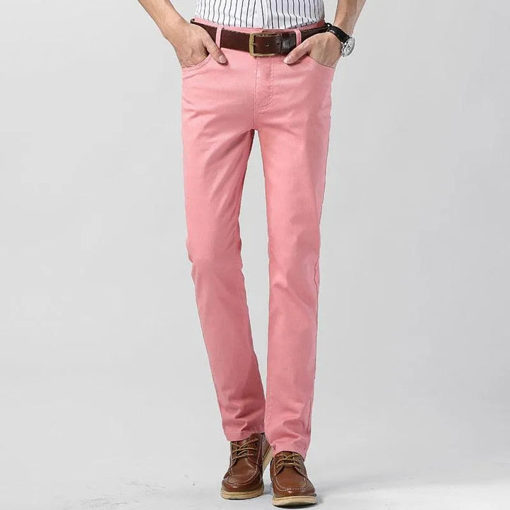 Versatile men's colored trousers for any occasion. Stylish, comfortable cotton blend pants with a regular fit.