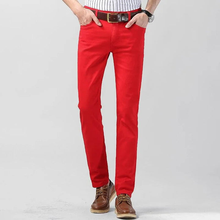 Soft cotton blend men's colored trousers, ensuring comfort & style. Regular fit versatile pants for everyday wear.