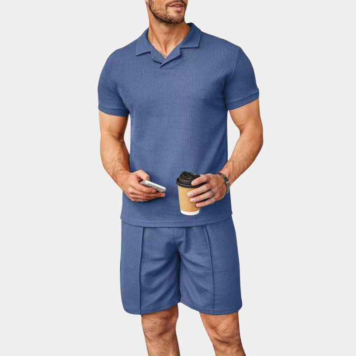 Men's stylish comfort lounge set, short sleeve shirt and shorts, polyester summer outfit