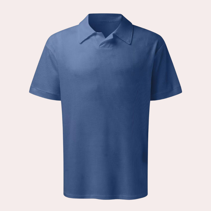 Close-up of men's casual polyester lounge set, short sleeve shirt for summer comfort
