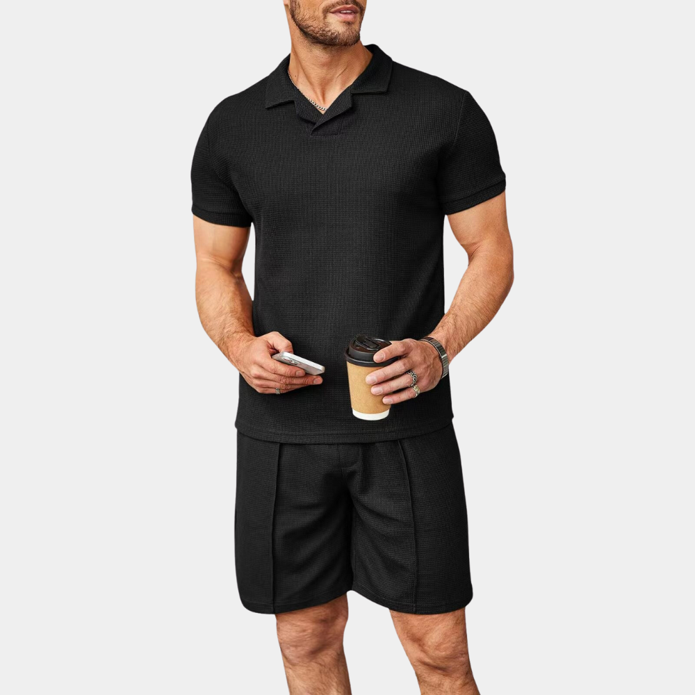 Full view of men's stylish comfort shorts and matching short sleeve shirt, summer apparel