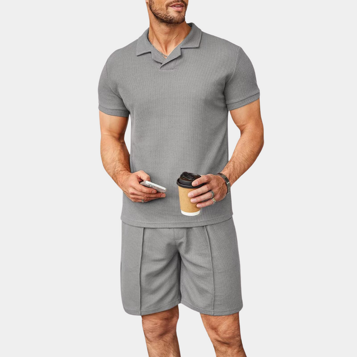 Detailed shot of the fabric of the men's polyester comfort lounge set, summer casual wear